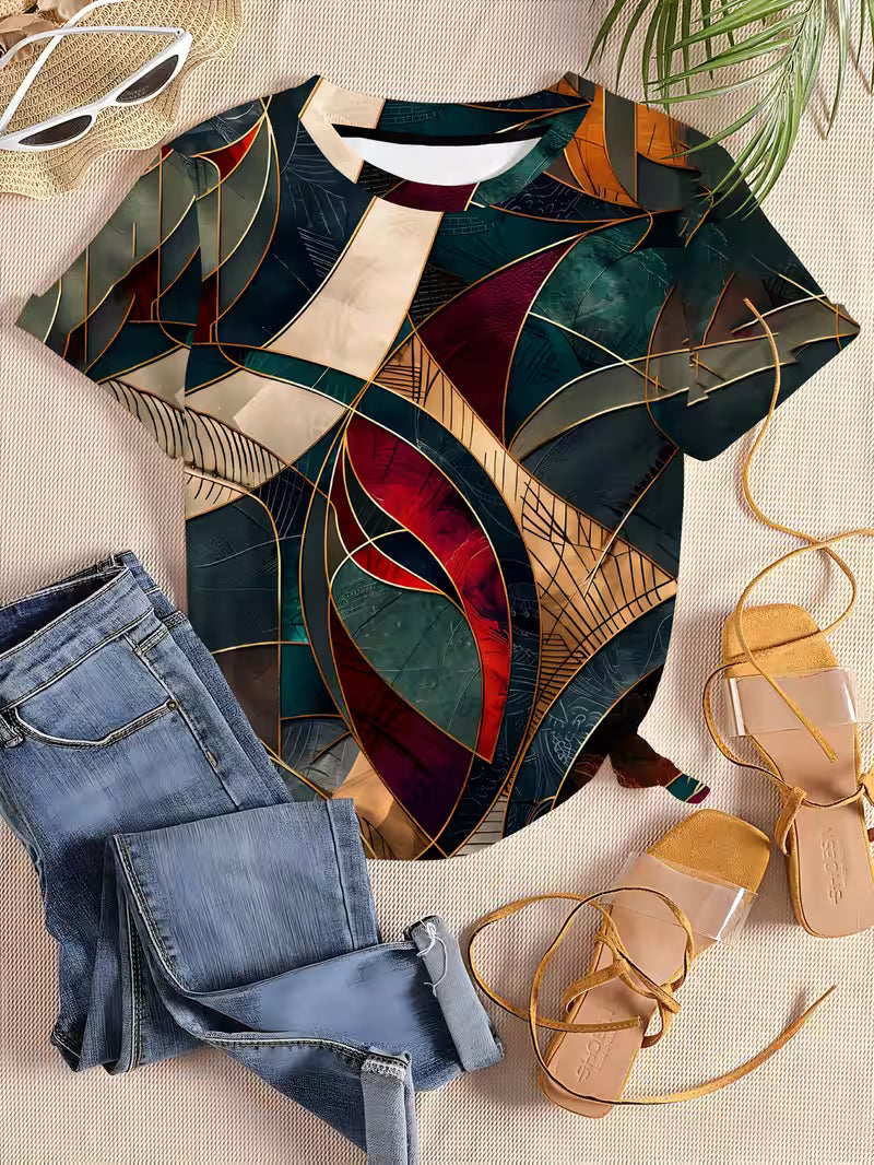 Women'S Stylish Casual T-Shirt Featuring Vibrant All-Over Geometric Patterns