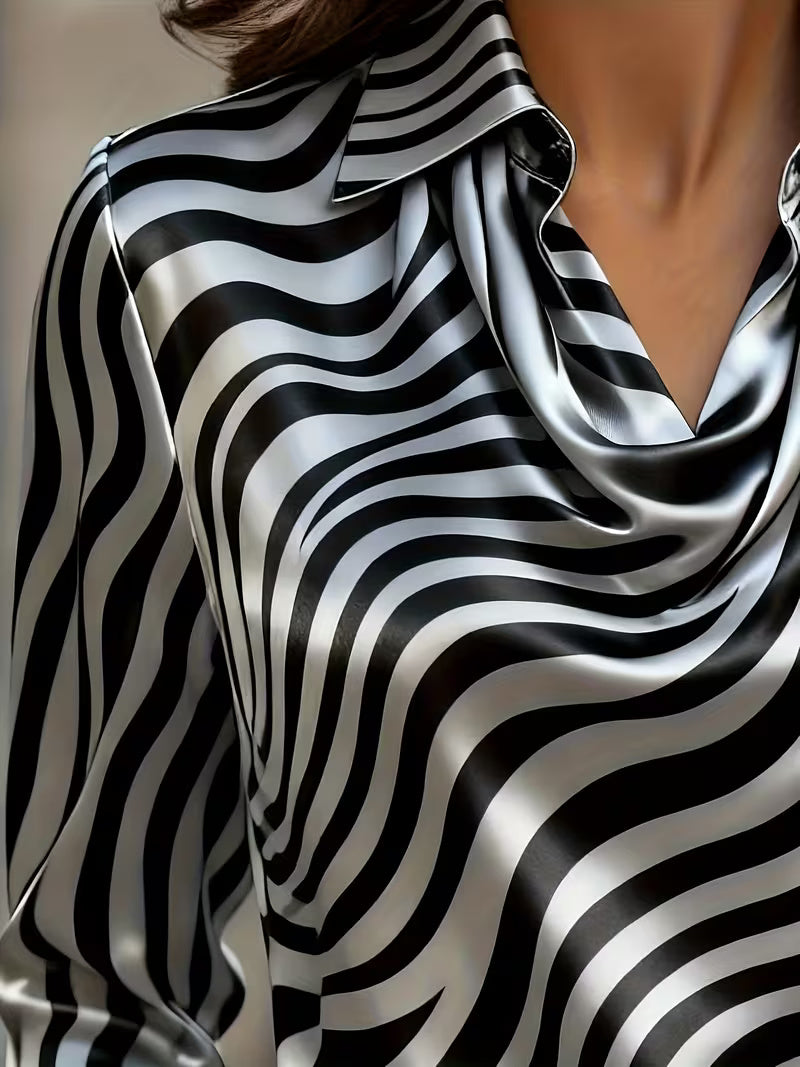 A Stylish Solid Color Satin Shirt Zebra Print Ruffled Collar