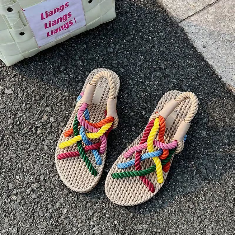 Sandals for Women Lightweight Fabric with Colorful Rope Design, Flat Heel, Cross Strap Colorful