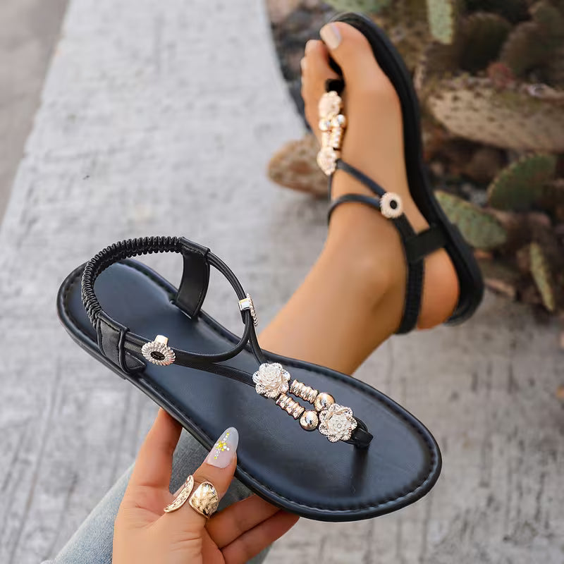 Women's Flat Sandals, Fashionable PU Soft-soled Bohemian Style Comfortable Casual Black