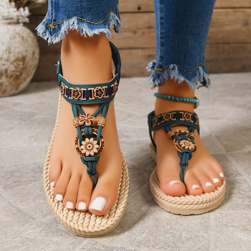 Women's Bohemian Ethnic Style Flat Sandals, Vintage Open-Toe Lightweight Comfortable Elegant Sandals, New Fashion Cross-Border Flat Sandals for Outdoor Blue