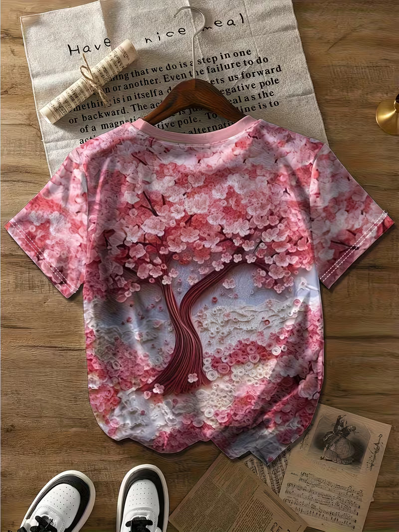 Women's Casual Pink Cherry Blossom Print T-Shirt