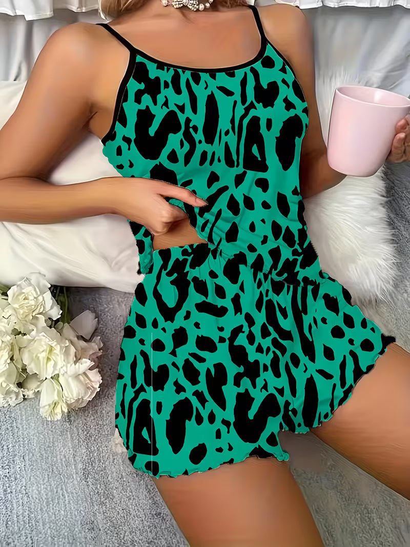 Women'S Pajama Set with Leopard Print And Spaghetti Straps Green