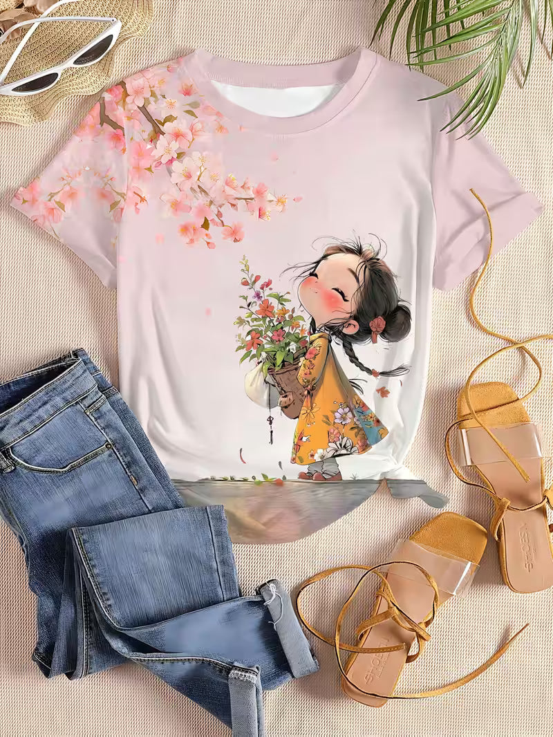Women's Floral Cat Print T-Shirt