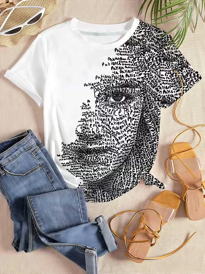 Women's Patience Letter Art Portrait T-Shirt - Abstract '' & 'T' Letter Round Neck Short Sleeve