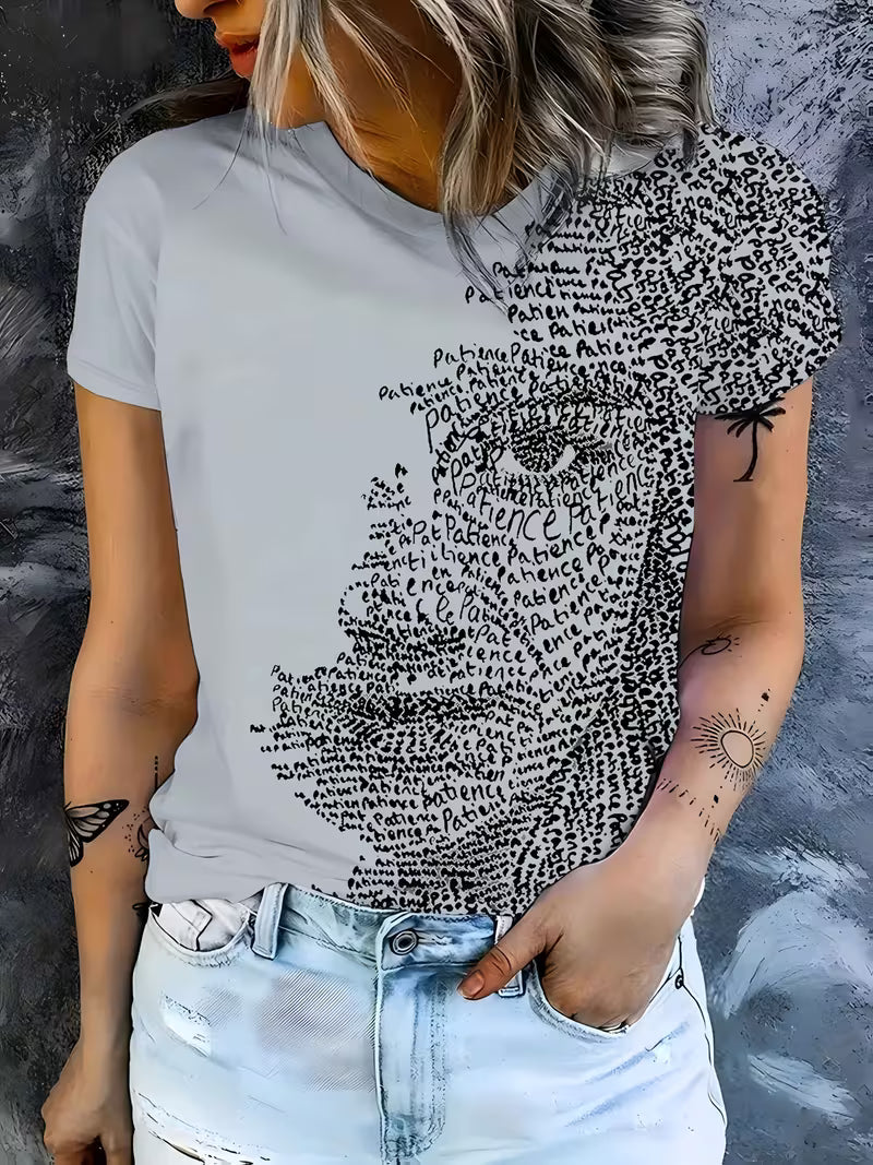 Women's Patience Letter Art Portrait T-Shirt - Abstract '' & 'T' Grey