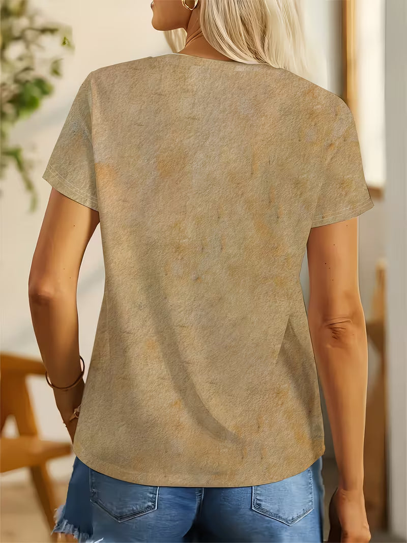 Women's Beige T-Shirt - Elegant Minimalist Stone Pattern Print