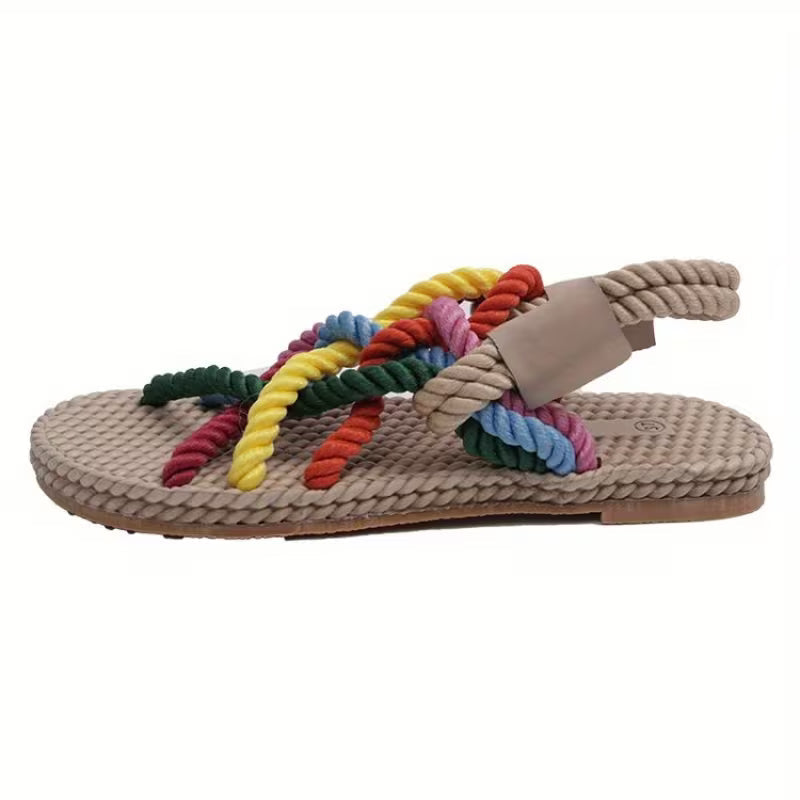 Sandals for Women Lightweight Fabric with Colorful Rope Design, Flat Heel, Cross Strap Colorful