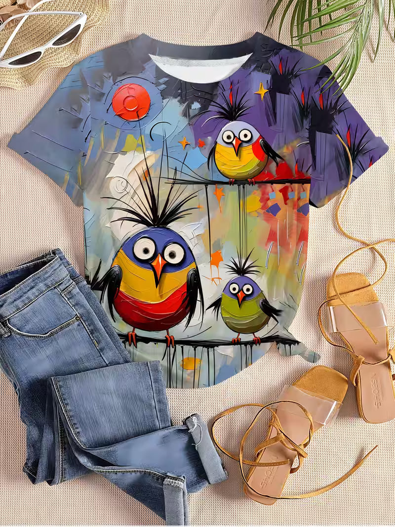 Round-Neck Short-Sleeve T-Shirt with a Quirky Colorful Bird Print, a Stylish And Versatile Piece for Women'S Casual Sportswear