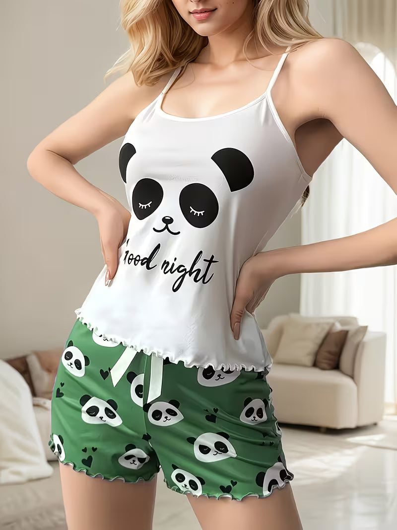Panda Theme Pajama Set | Cute Cartoon Panda Print Green