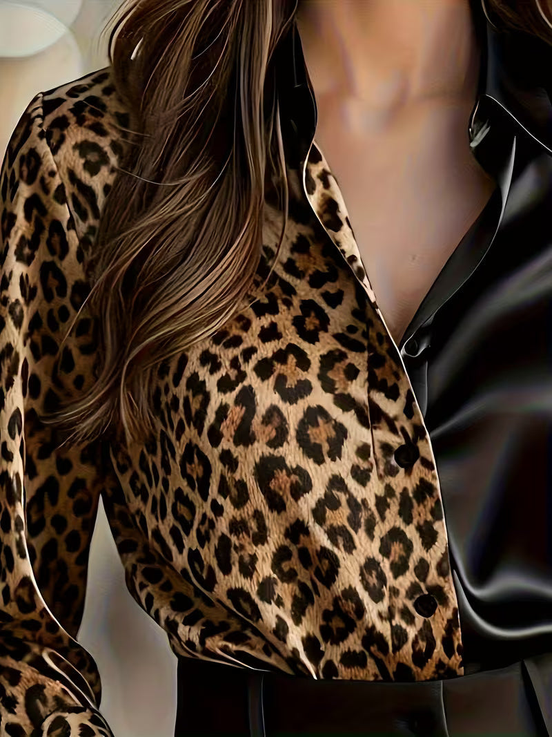 A Stylish Solid Color Satin Shirt Brown Animal Print
