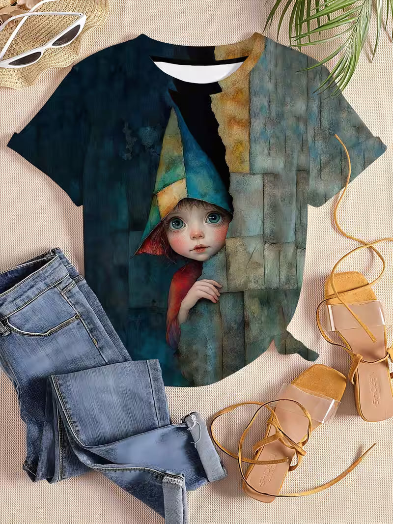 Childhood Innocence, Peace Meaning Print, Women's Round Neck Short Sleeved T-shirt