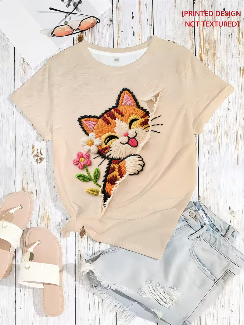 Elegant Crew Neck Women's T-Shirt | Cute Cat Print, Light Apricot Color, Comfortable Fit, All-Season