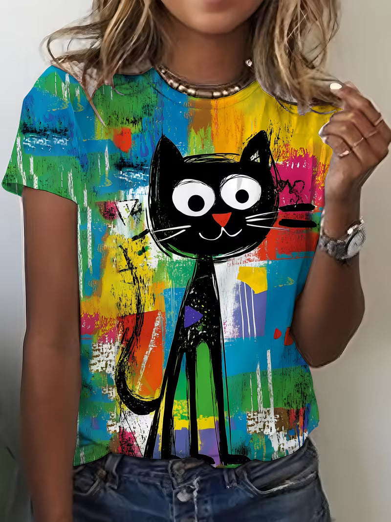 Women's Colorful Graffiti Black Cat Print T-Shirt - Vibrant Artistic Design, Soft Round Neck Casual Top