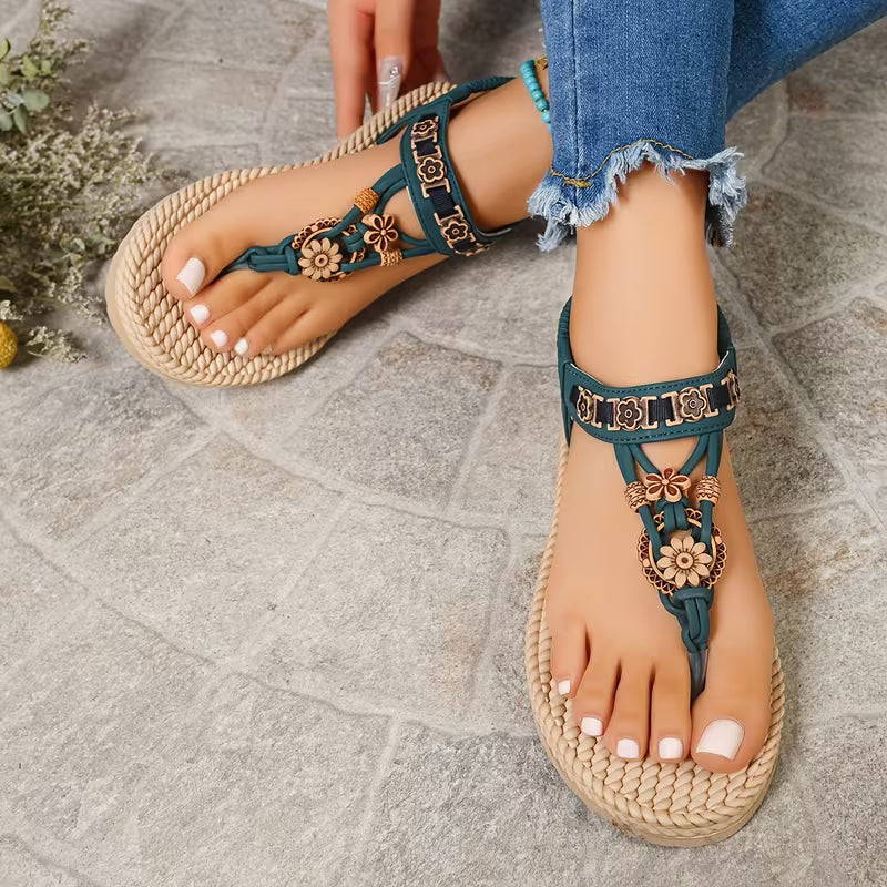 Women's Bohemian Ethnic Style Flat Sandals, Vintage Open-Toe Lightweight Comfortable Elegant Sandals, New Fashion Cross-Border Flat Sandals for Outdoor Blue