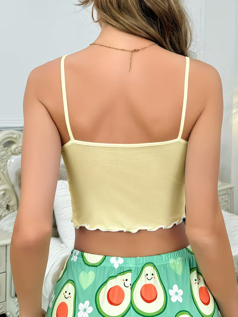 Cute Avocado Print Cami Top and Shorts Set Yellow