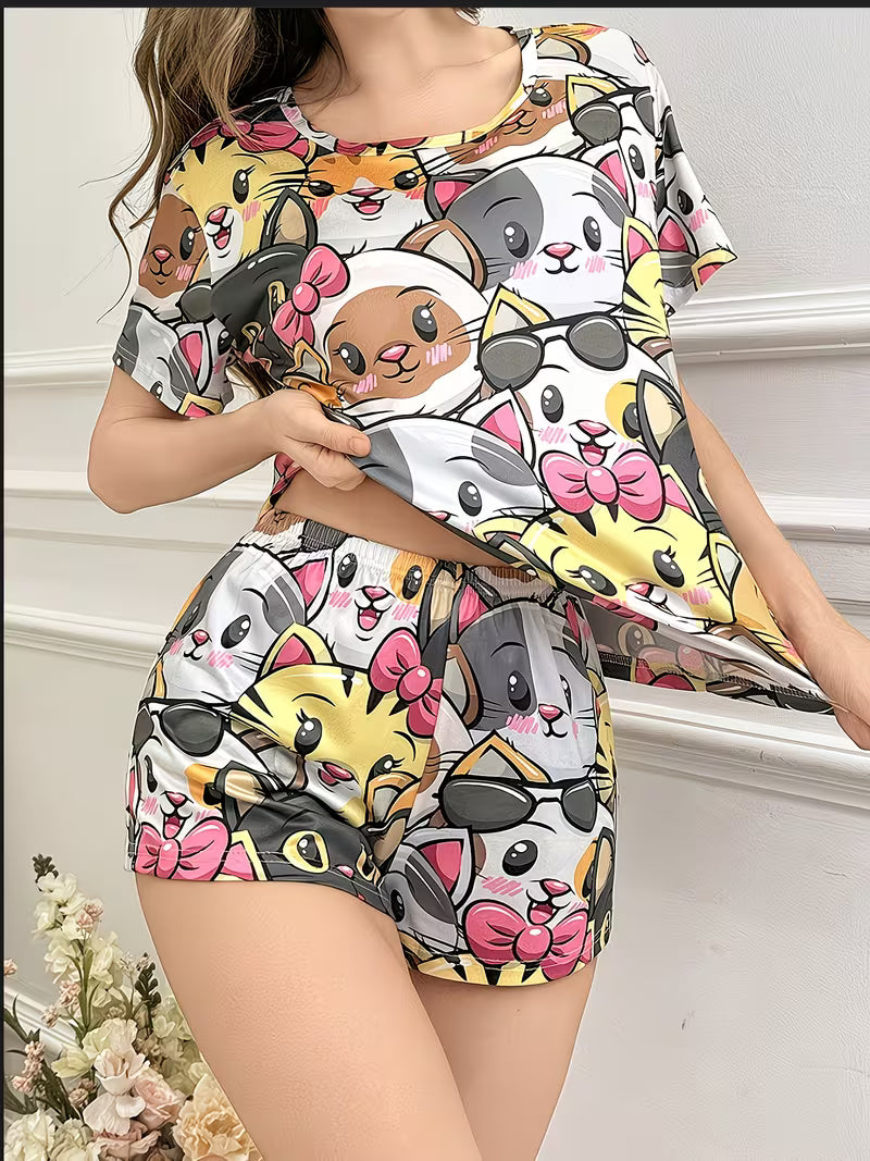 Women's Short-Sleeve Cartoon Cat Printed Cute Pajamas And Loungewear Set