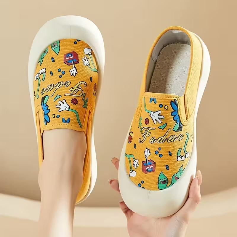 New Women'S Casual Shoes with Printed Breathable Lightweight Design Yellow