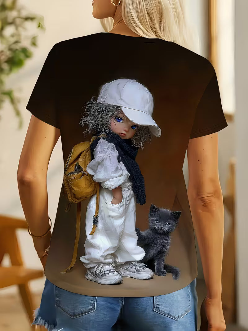 3D Cartoon Cute and Black Cat Print T-Shirt