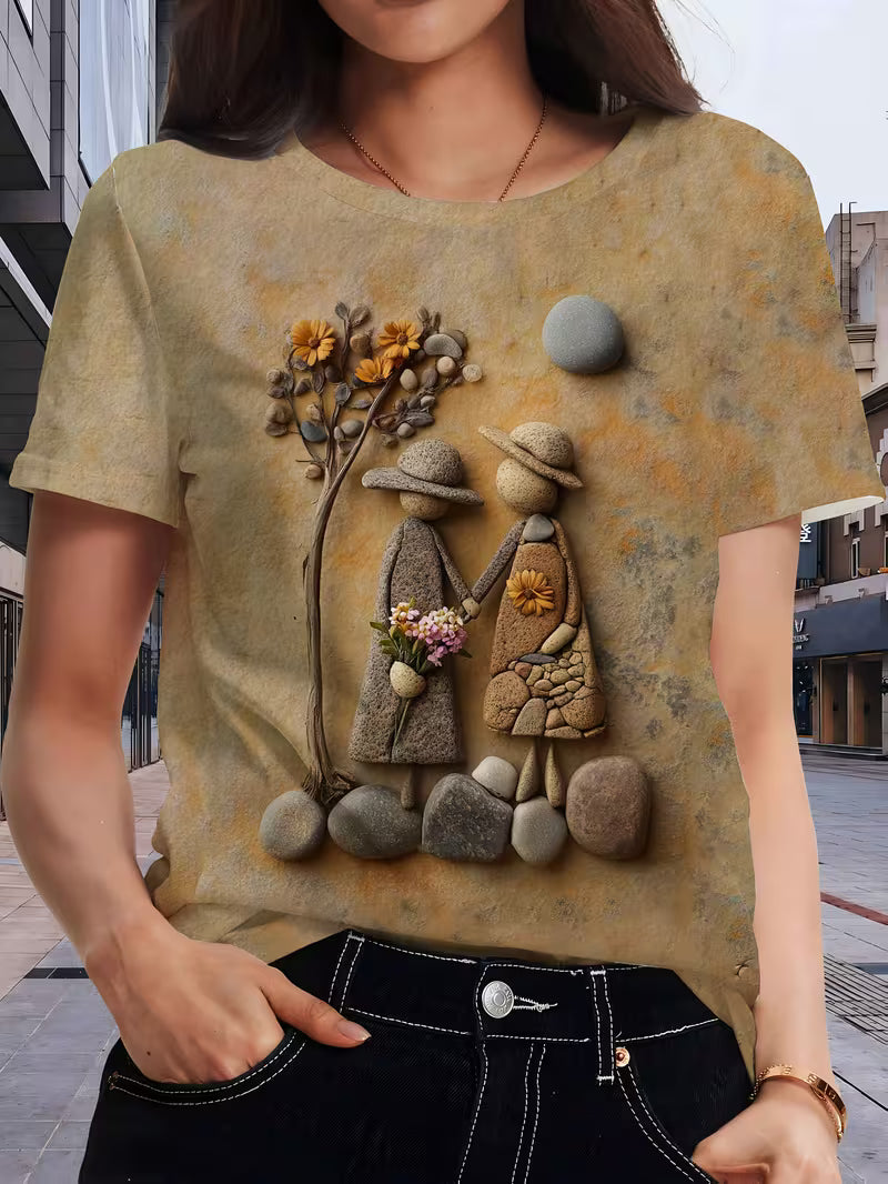 Women's Beige T-Shirt - Elegant Minimalist Stone Pattern Print