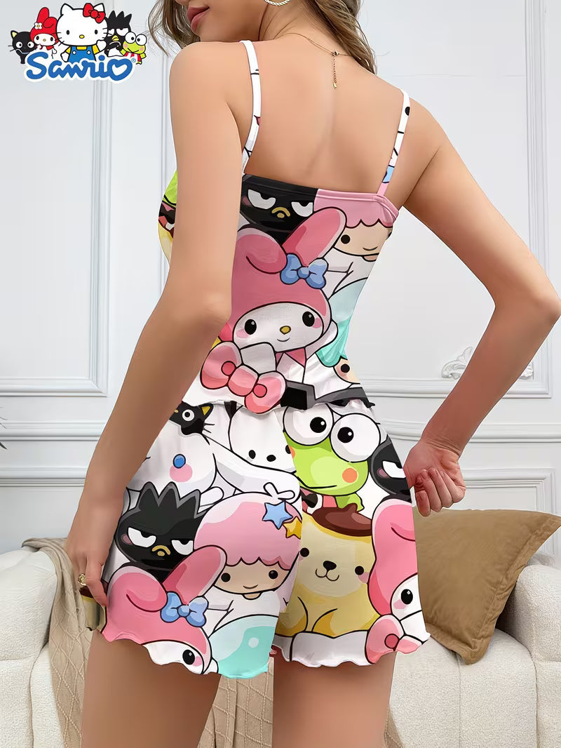 Women's Cartoon Print Casual Pajama Set, Camisole Top and Shorts