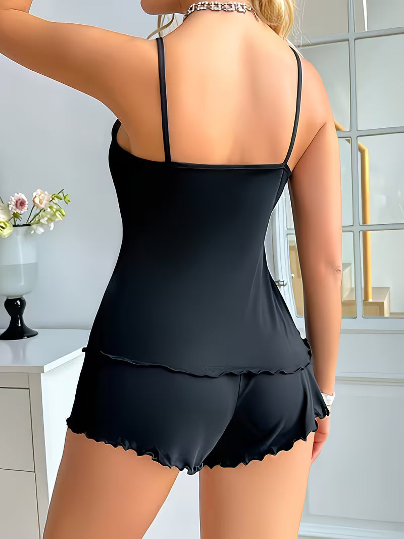 Women's Casual Pajama Set with Cute Cartoon Cat Print and Camisole Shorts