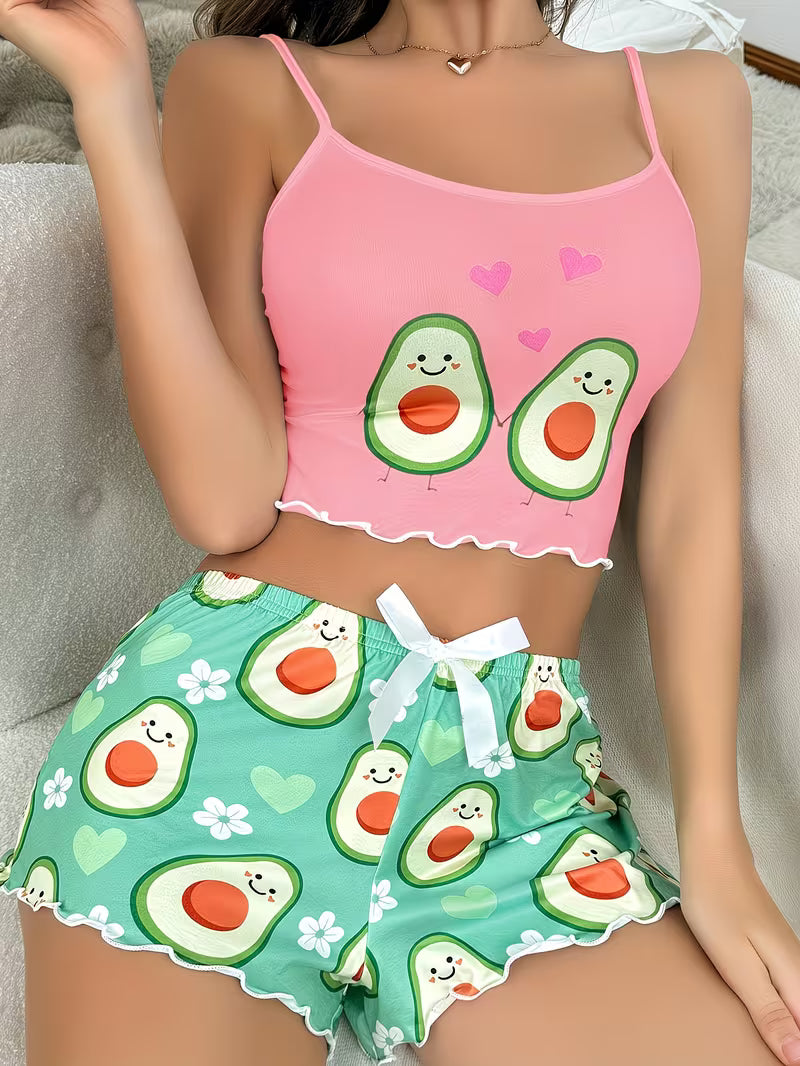 Cute Avocado Print Cami Top and Shorts Set Pink