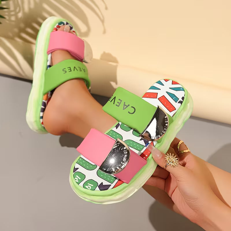 Women's Casual Fashion Letter Print Sandals, Women Shoes Green