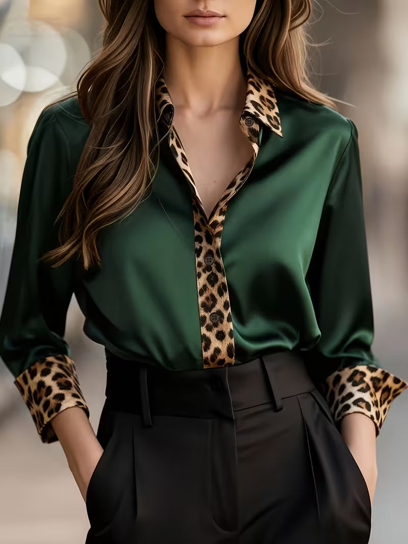 A Stylish Solid Color Satin Shirt Leopard Green