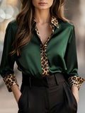 A Stylish Solid Color Satin Shirt Leopard Green