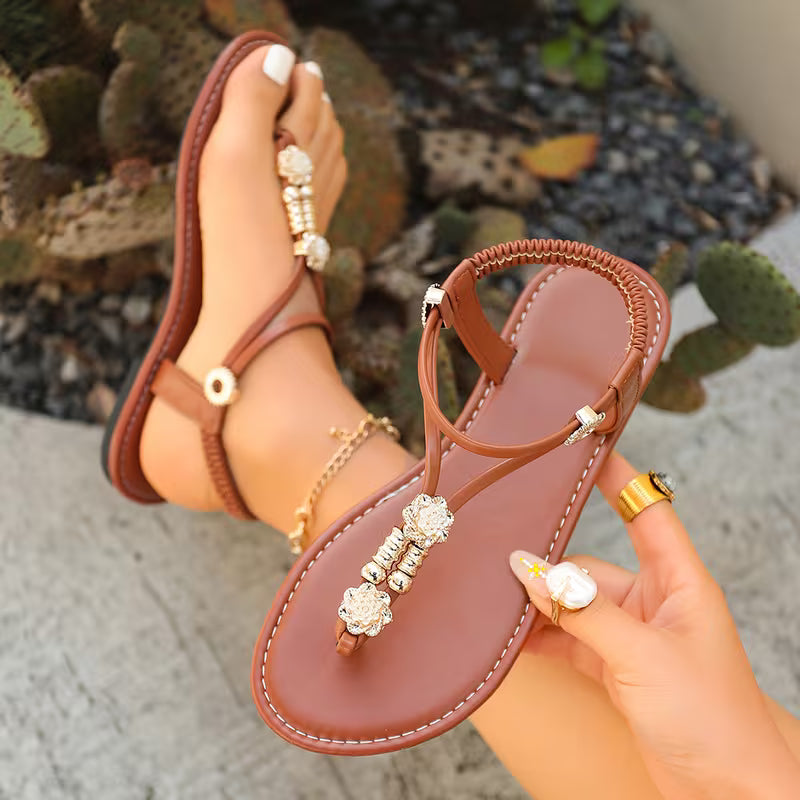 Women's Flat Sandals, Fashionable PU Soft-soled Bohemian Style Comfortable Casual