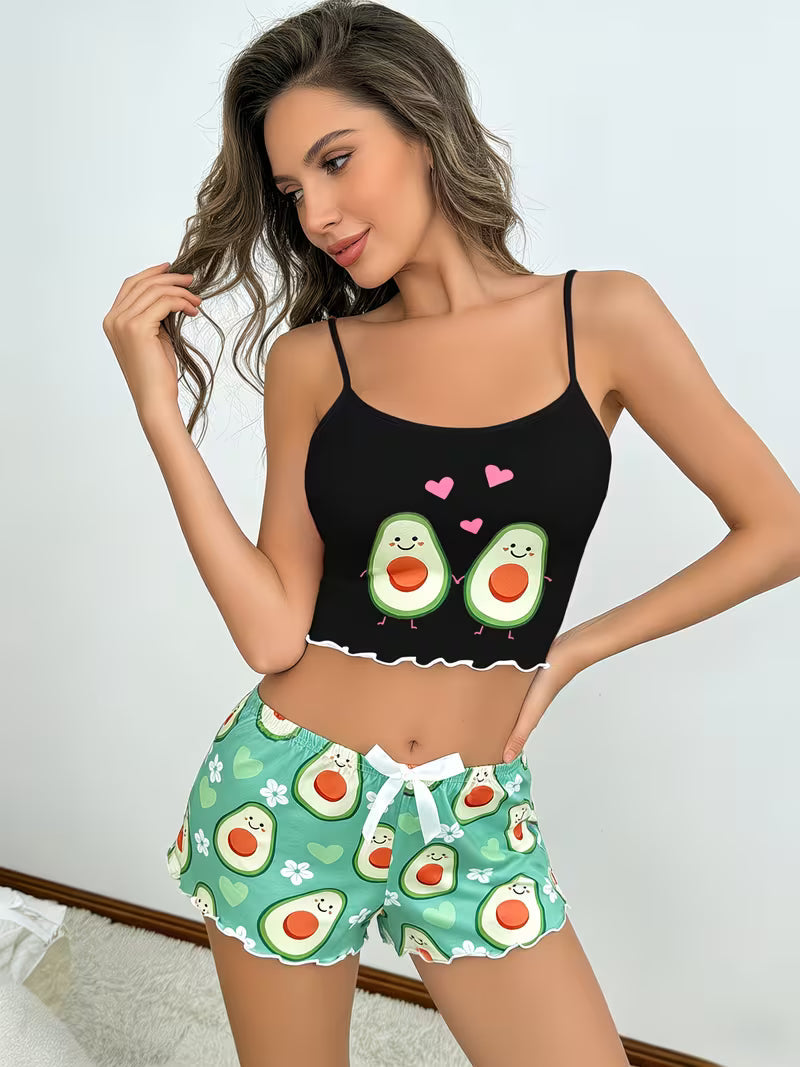 Cute Avocado Print Cami Top and Shorts Set Black