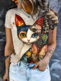 Women's Elegant Cat Graphic T-Shirt - Soft Breathable Everyday Tee with Round Neck for Casual
