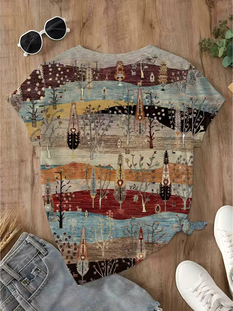 Women's Casual Short-Sleeve T-Shirt - Vintage Harajuku 3D Printed Colorful Layered Tree Landscape and Striped