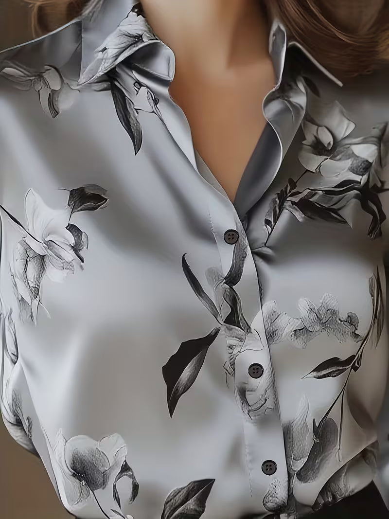 A Stylish Solid Color Satin Shirt Printed Silvery Grey