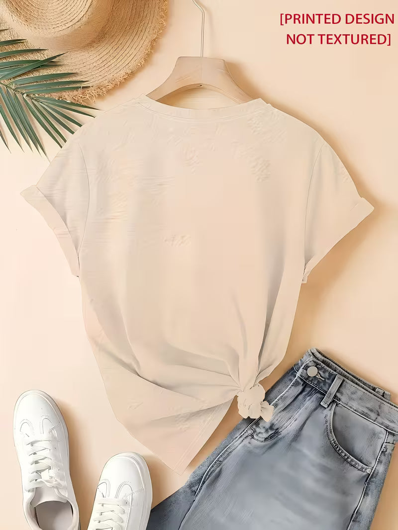 Elegant Crew Neck Women's T-Shirt | Cute Cat Print, Light Apricot Color, Comfortable Fit, All-Season