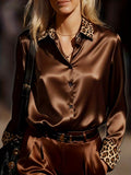 A Stylish Solid Color Satin Shirt Leopard Coffee