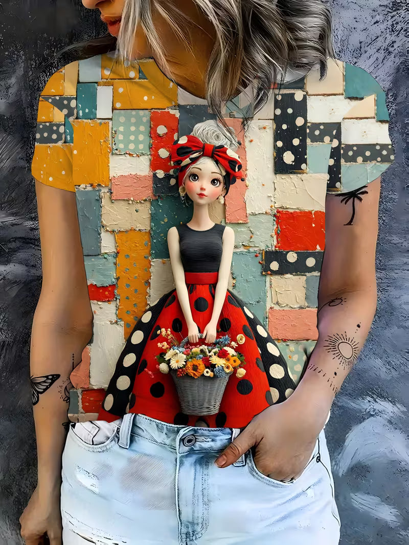 Women'S Artistic 3D Doll Graphic T-Shirt | Short Sleeve, Polka Dot Dress Doll, Floral Basket, Colorful Patchwork Background