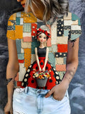Women'S Artistic 3D Doll Graphic T-Shirt | Short Sleeve, Polka Dot Dress Doll, Floral Basket, Colorful Patchwork Background