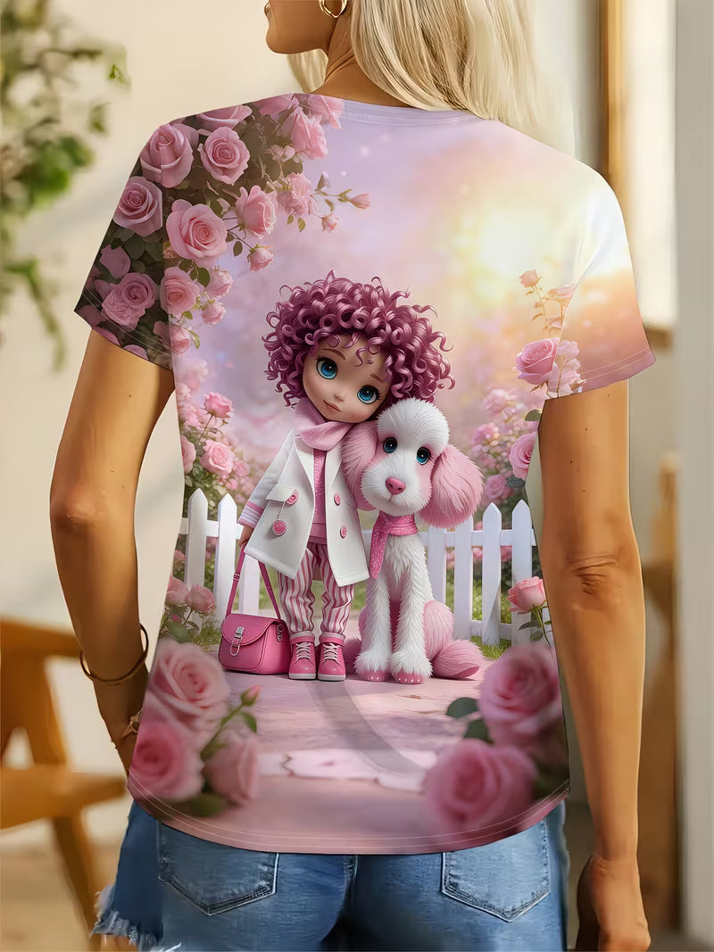 INS-style Pink Cartoon Doll & Cute Pet Dog Printed T-shirt