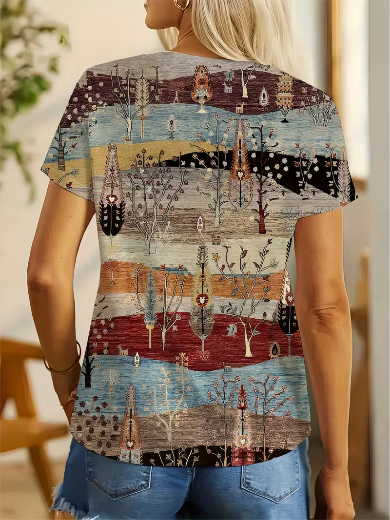 Women's Casual Short-Sleeve T-Shirt - Vintage Harajuku 3D Printed Colorful Layered Tree Landscape and Striped