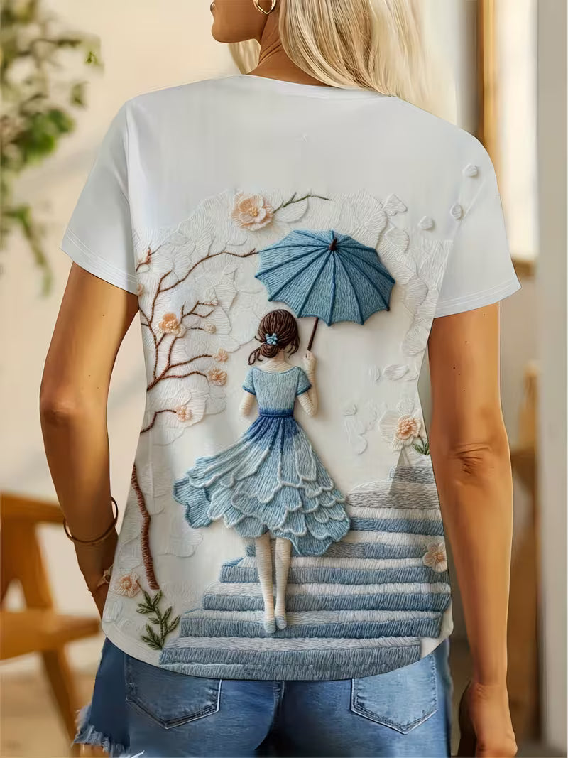 Women's Artistic Visual Three-Dimensional Embroidery Umbrella Flower Tree Staircase Print