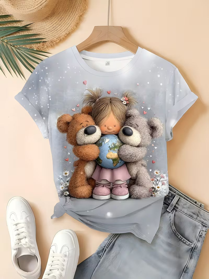 Cute and Teddy Bear Hugging Earth Printed T-shirt