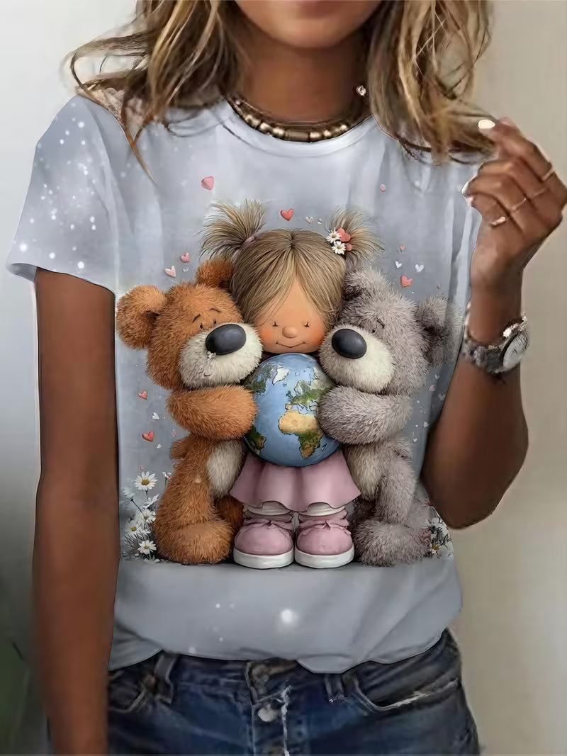 Cute and Teddy Bear Hugging Earth Printed T-shirt