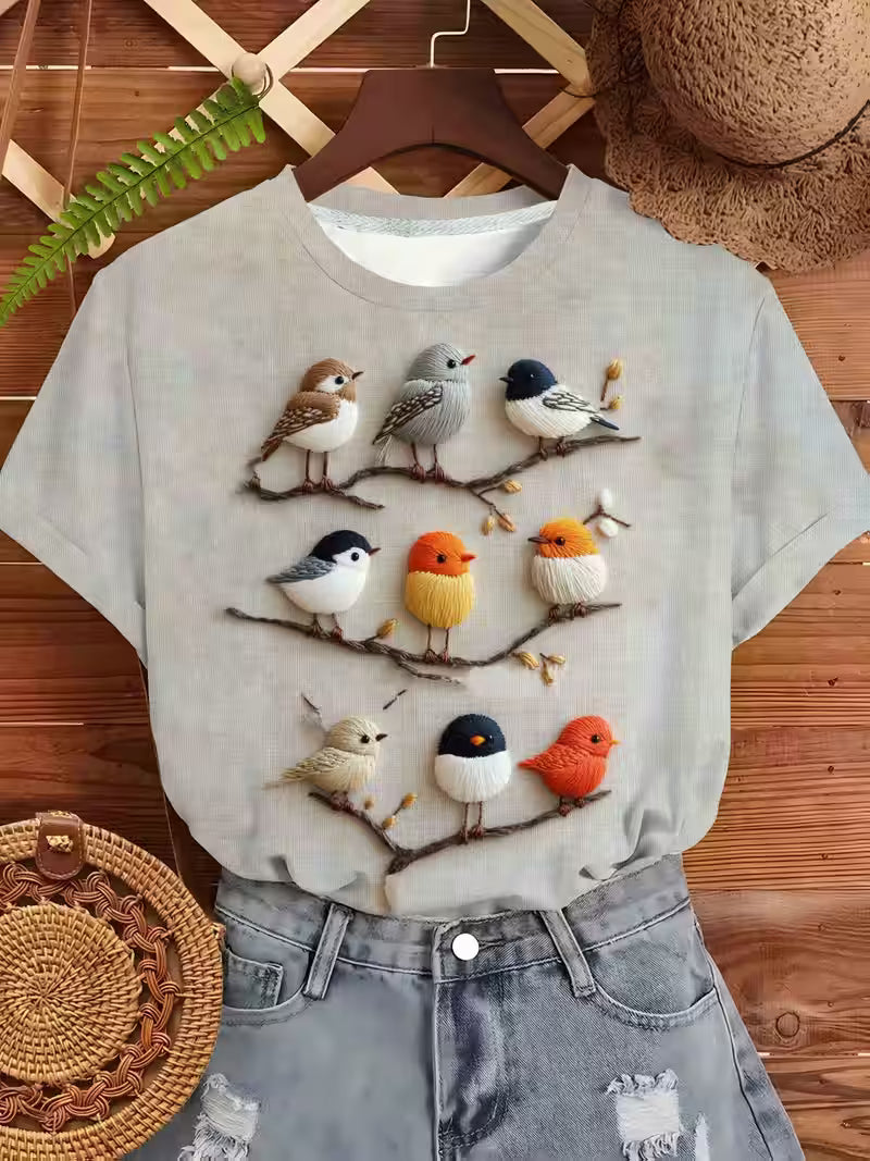 Women's Artistic Style Multicolor Bird Print Short Sleeve T-Shirt