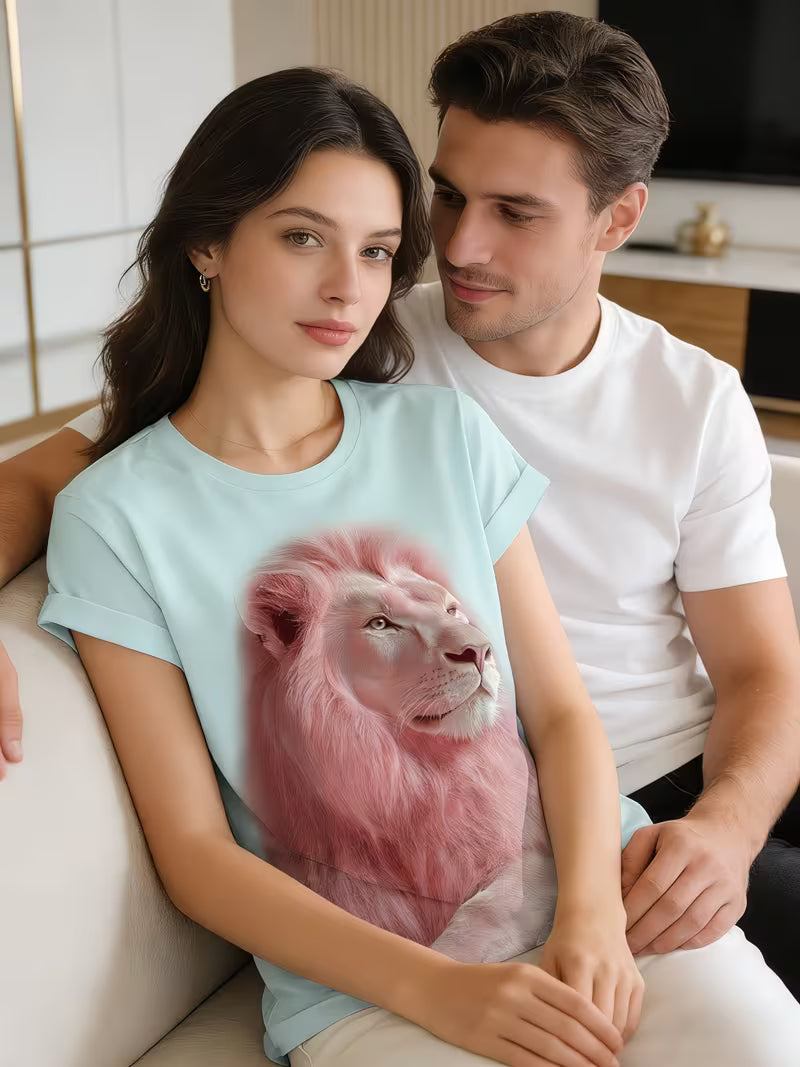 Pink Lion Printed T-shirt | Light Blue Background, Elegant and Comfortable