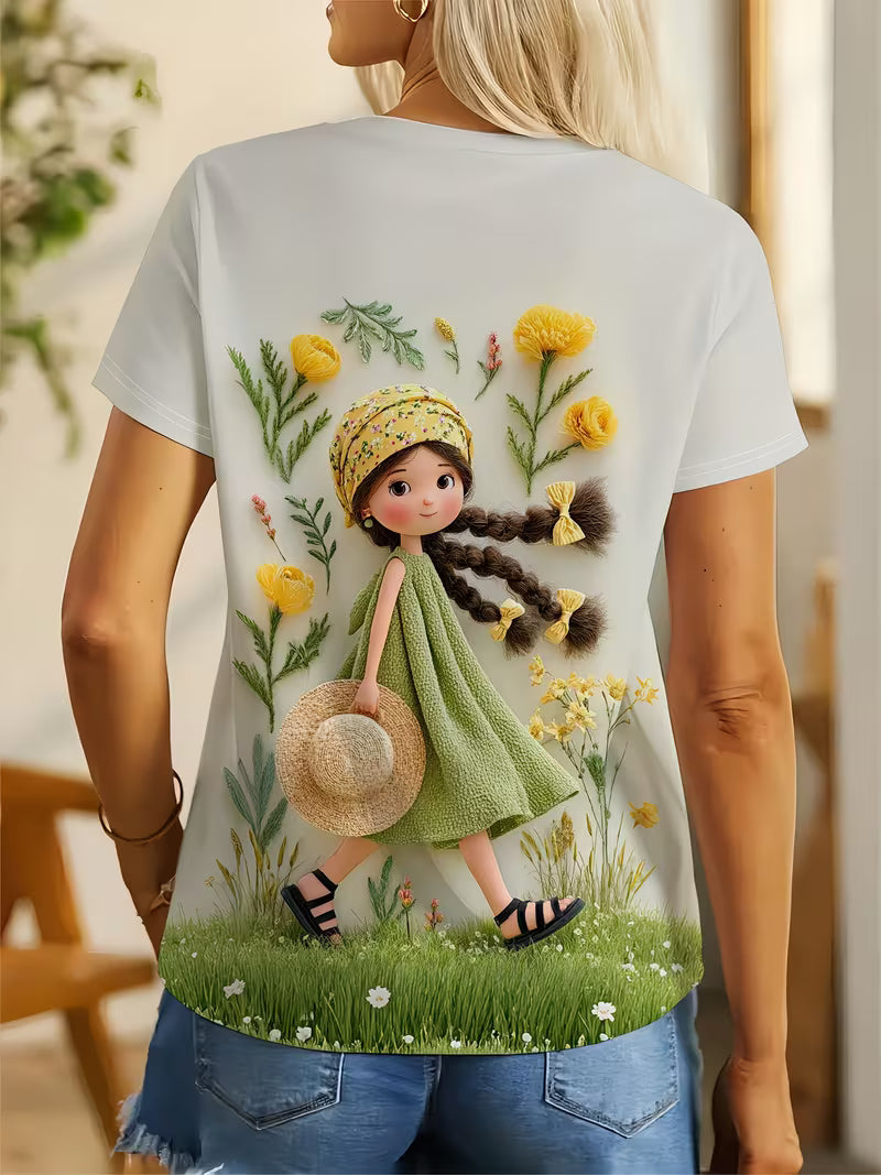 Women'S Milk White Short Sleeve T-Shirt | Spring Pastoral Grass Hat Print, Yellow-Green Fresh Daily Casual Top