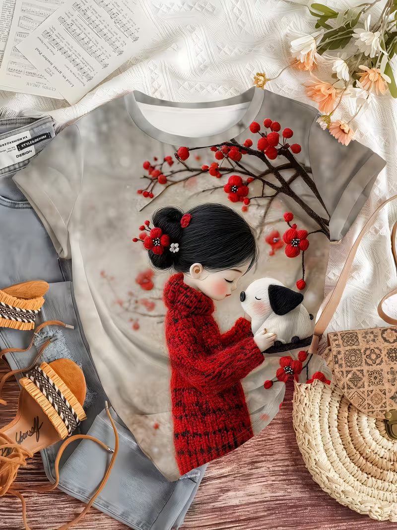 Women's Japanese Anime Cherry Blossom & Cute Dog Print T-Shirt