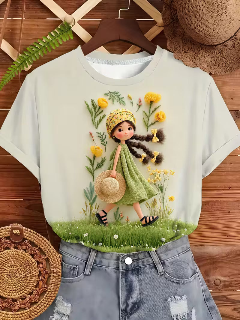 Women'S Milk White Short Sleeve T-Shirt | Spring Pastoral Grass Hat Print, Yellow-Green Fresh Daily Casual Top