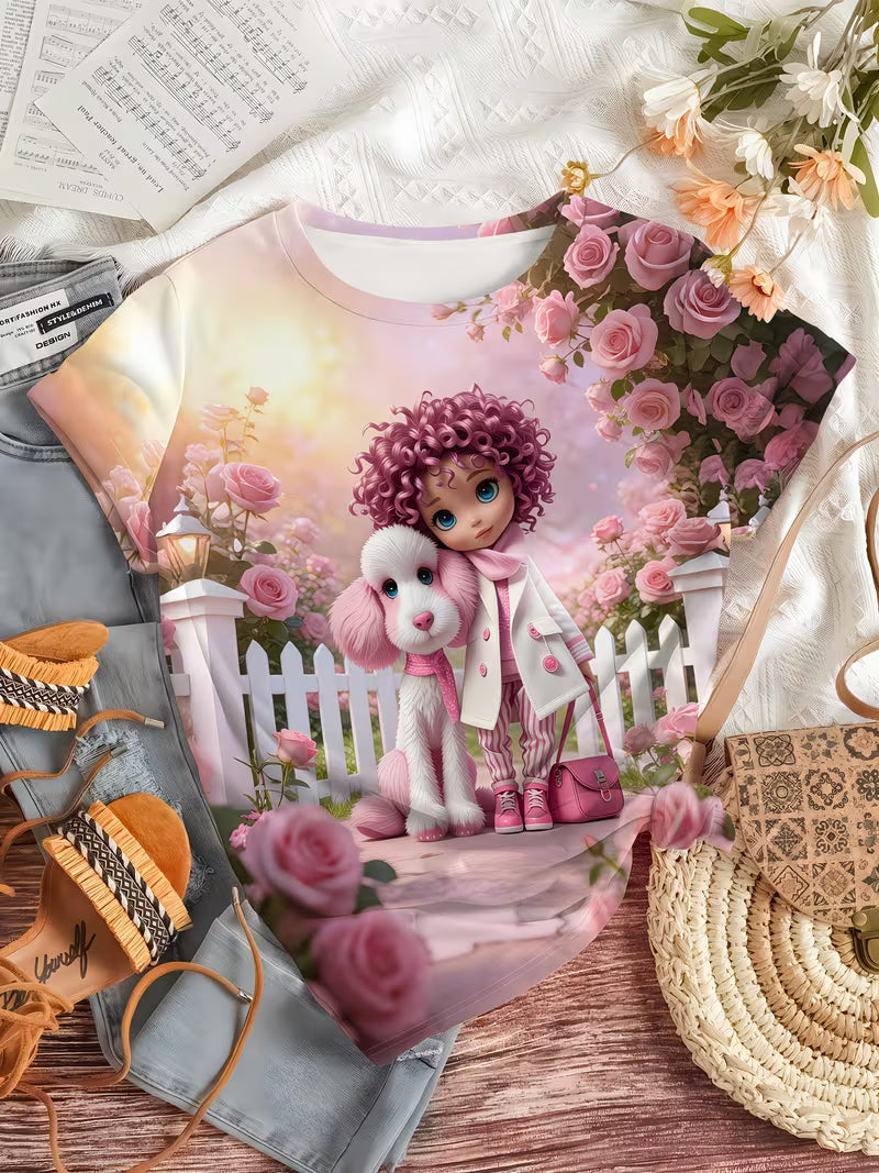 INS-style Pink Cartoon Doll & Cute Pet Dog Printed T-shirt